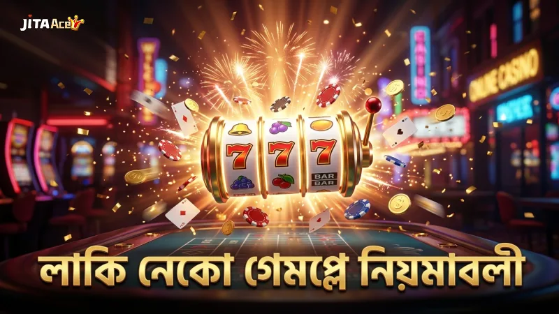 লাকি নেকো গেমপ্লে রিল এবং পে লাইনগুলি স্পষ্টভাবে দেখানো।